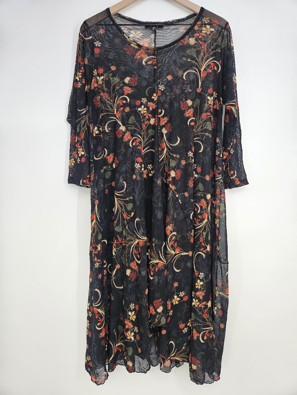 Comfy USA Dark Floral Sheer Mesh Long Sleeve Midi Dress